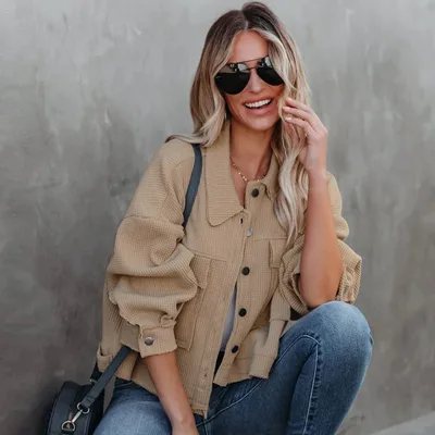 Women's Waffle Cardigan Short Top Coat Khaki - Shop at LoveMi