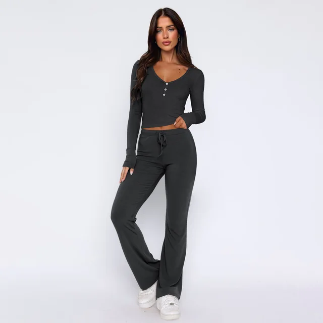 Long Sleeve Top And Pants Two piece Set Fashion Women's Wear E24Q0287025 Dark Gray - Shop at LoveMi