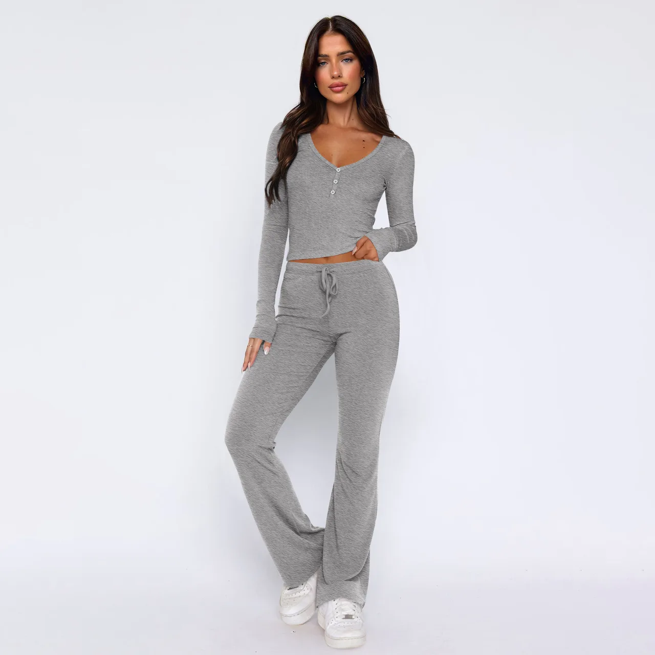 Long Sleeve Top And Pants Two-piece Set Fashion Women's Wear - E24Q0287050 Flower Gray