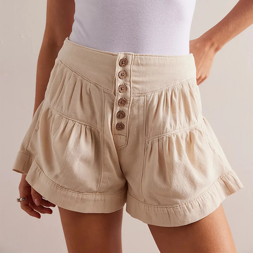 Ruffled Denim Shorts Women's Elastic Pocket - Apricot