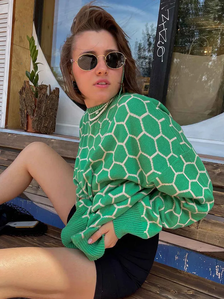 Women's Round Neck Bee Loose Plaid Pullover - Green Apricot