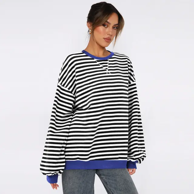 Women's Fashion Round Neck Striped Sweater Loose Bishop Sleeves Top Black And White Stripes - Shop at LoveMi