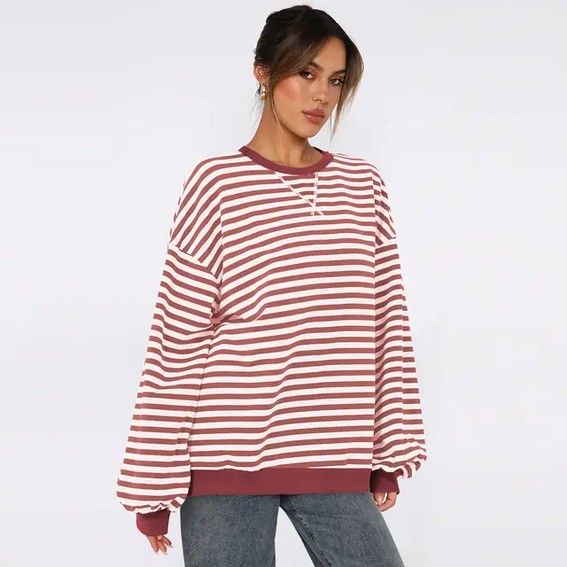 Women's Fashion Round Neck Striped Sweater Loose Bishop Sleeves Top Brown And White Stripes - Shop at LoveMi