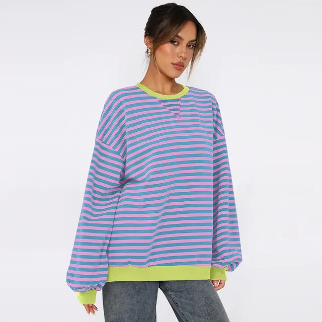 Women's Fashion Round Neck Striped Sweater Loose Bishop Sleeves Top Purplish Blue - Shop at LoveMi