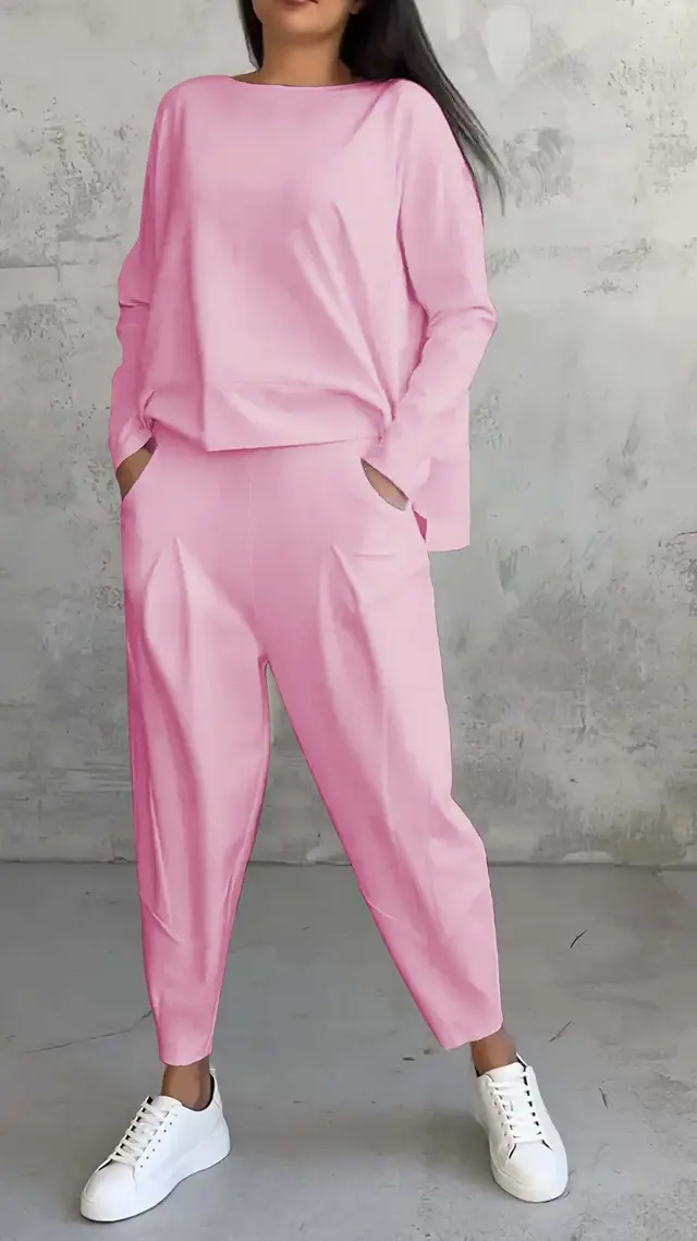 Women's Irregular Suit Long sleeved Round Neck Top And Loose Harem Pants With Pockets Ins Fashion Trousers Set Women's Clothing Pink - Shop at LoveMi
