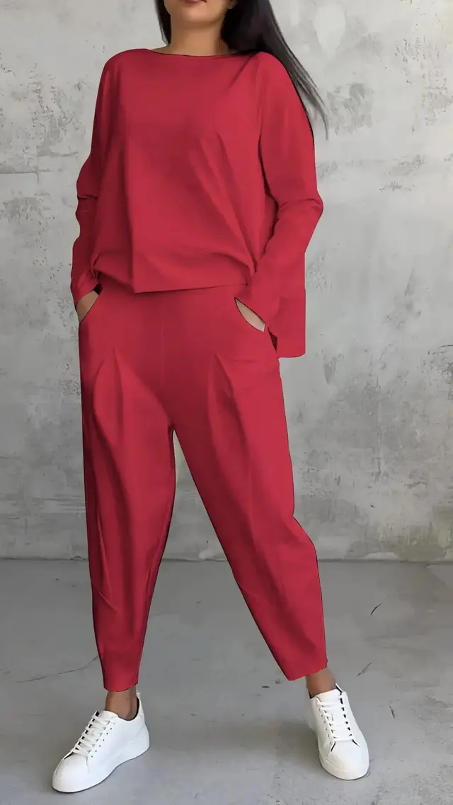 Women's Irregular Suit Long sleeved Round Neck Top And Loose Harem Pants With Pockets Ins Fashion Trousers Set Women's Clothing Red - Shop at LoveMi