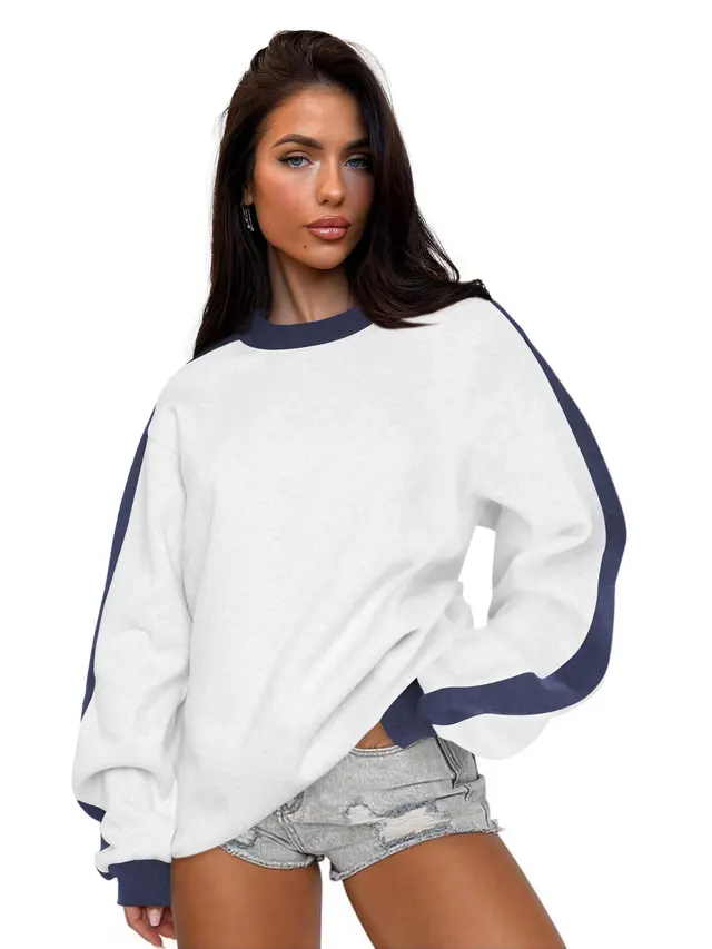 Women's Contrast Color Round Neck Loose Sweater Long sleeved Top Beige Gray Blue - Shop at LoveMi