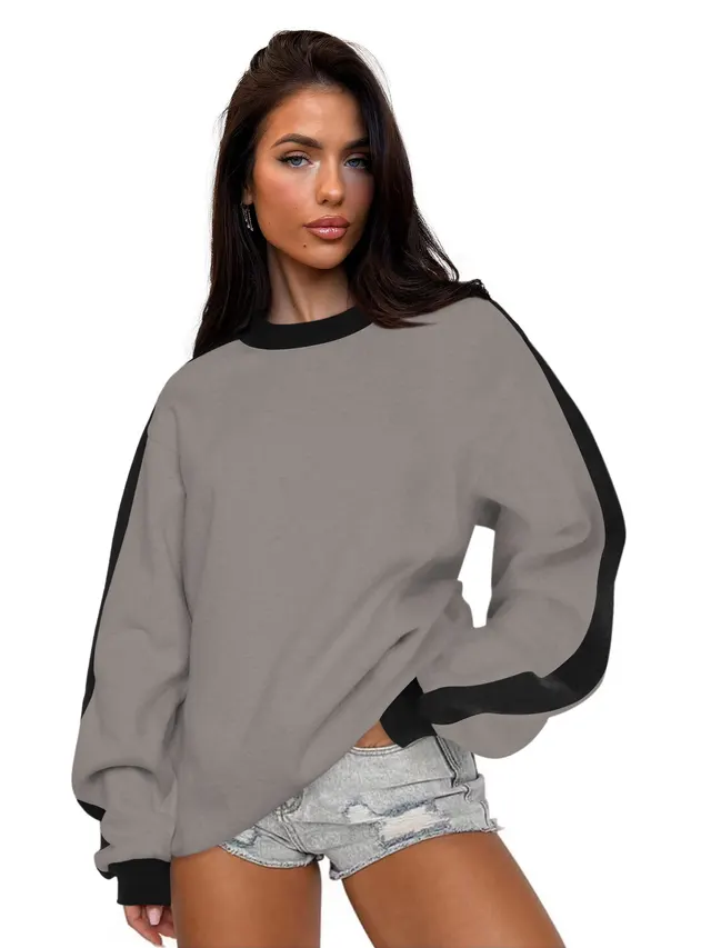 Women's Contrast Color Round Neck Loose Sweater Long sleeved Top Coffee Gray Black - Shop at LoveMi
