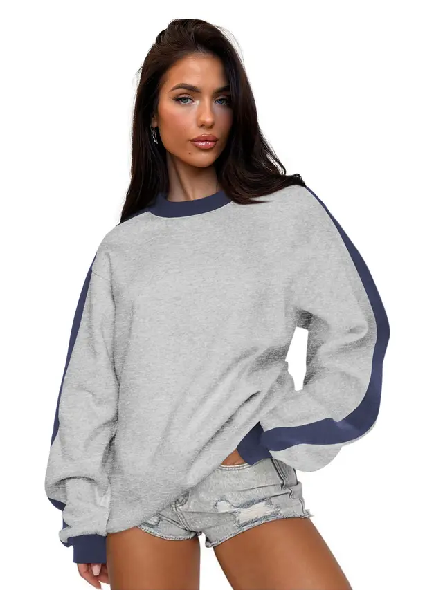 Women's Contrast Color Round Neck Loose Sweater Long sleeved Top Flower Gray Gray Blue - Shop at LoveMi