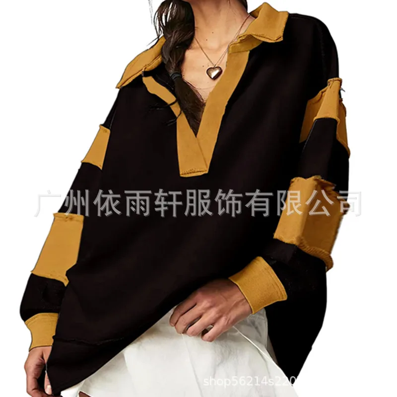 Loose V neck Casual Long Sleeve Pullover Split Patchwork Sweater No Striped Black - Shop at LoveMi