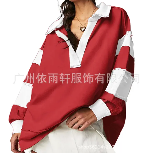 Loose V neck Casual Long Sleeve Pullover Split Patchwork Sweater Striped Red - Shop at LoveMi