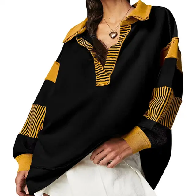 Loose V neck Casual Long Sleeve Pullover Split Patchwork Sweater Yellow Plus Black - Shop at LoveMi