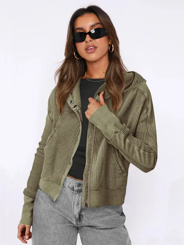 Patchwork Sweater Long Sleeve Cardigan Casual Zipper Top Ewla056 Army Green - Shop at LoveMi