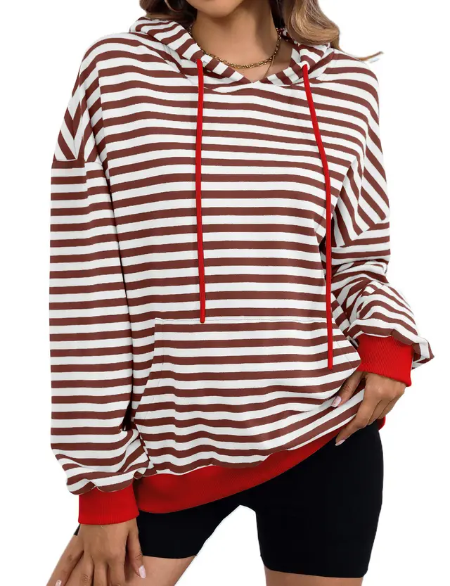 Women's Loose Casual Striped Hoodie Coffee - Shop at LoveMi