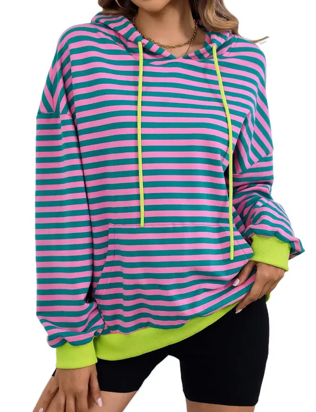 Women's Loose Casual Striped Hoodie Pink Green - Shop at LoveMi