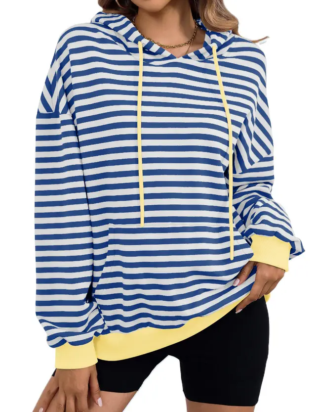 Women's Loose Casual Striped Hoodie Sapphire Blue - Shop at LoveMi