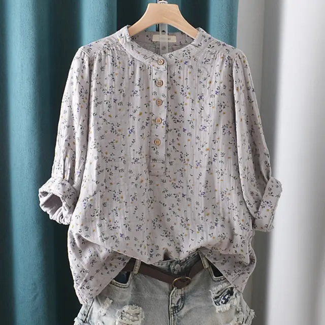 Double layer Cotton Yarn Shirt Floral Stand Collar Loose Gray - Shop at LoveMi