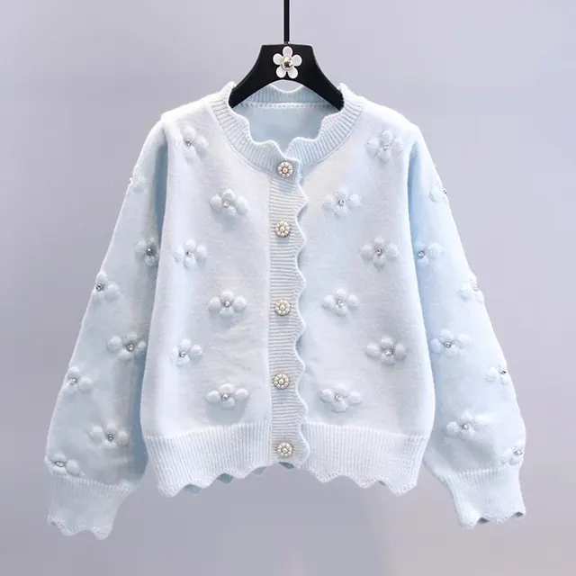 Three dimensional Beaded Small Flower Sweater Coat Japanese College Style Western Style Youthful looking Knitted Cardigan Azure - Shop at LoveMi