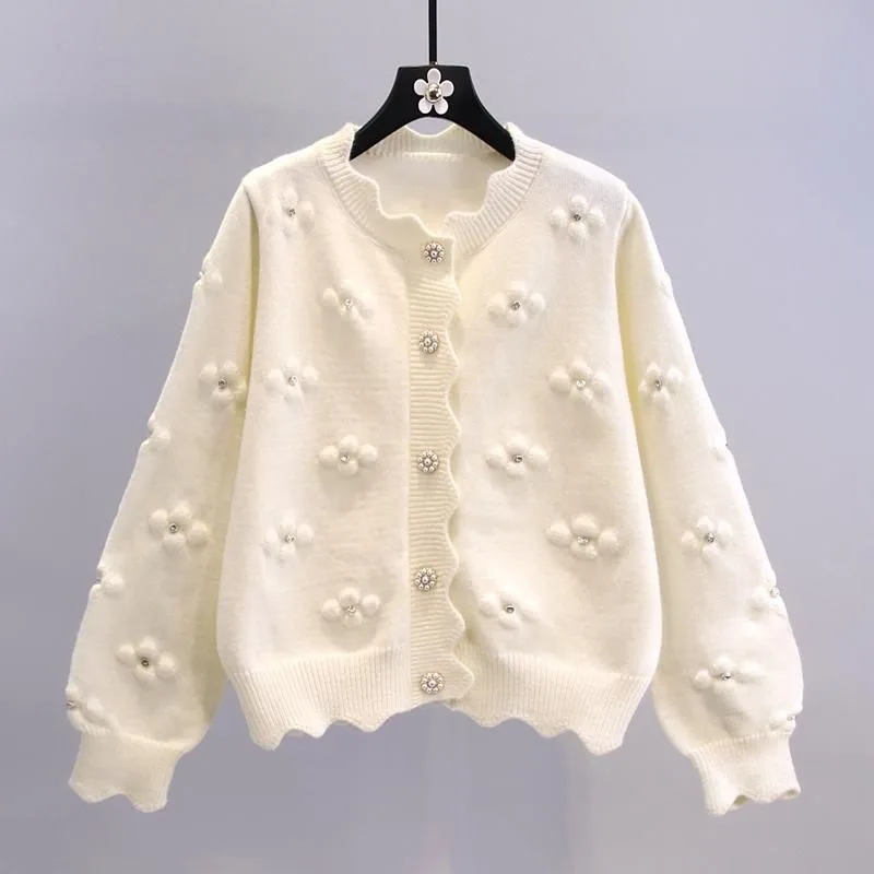Three dimensional Beaded Small Flower Sweater Coat Japanese College Style Western Style Youthful looking Knitted Cardigan Beige - Shop at LoveMi