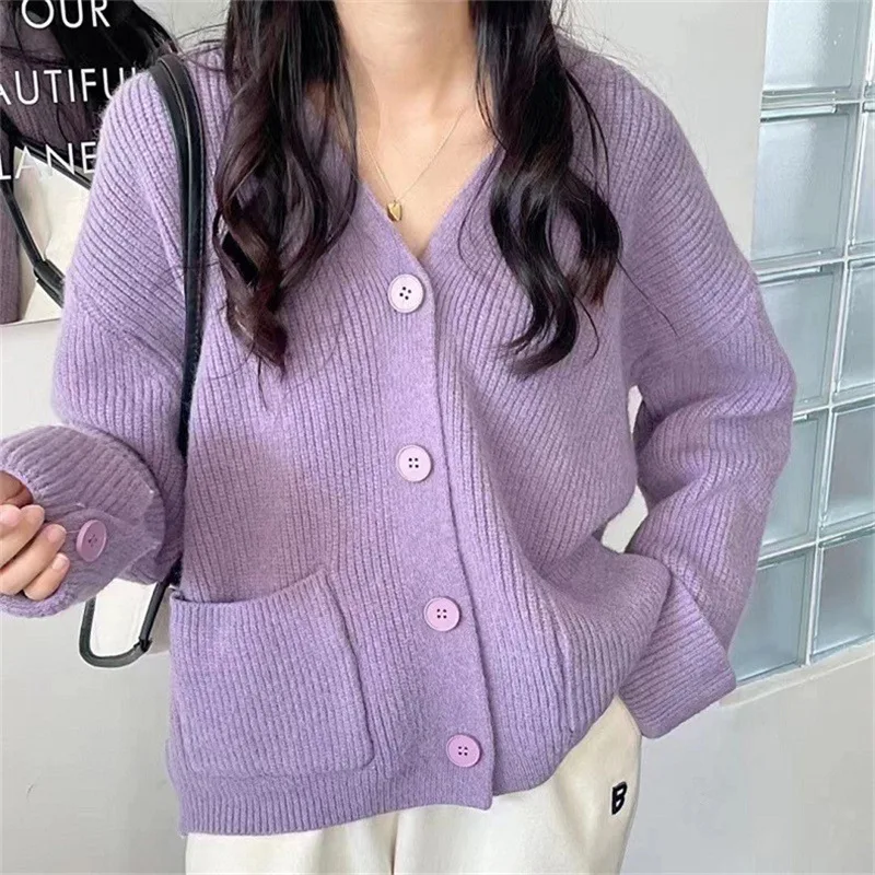 Korean Style Solid Color And V neck Pocket Knitted Cardigan Sweet Cuff Sweater Coat Purple - Shop at LoveMi