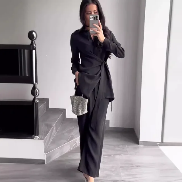 Pleated Waist Tight Shirt Casual Pants Suit Black - Shop at LoveMi