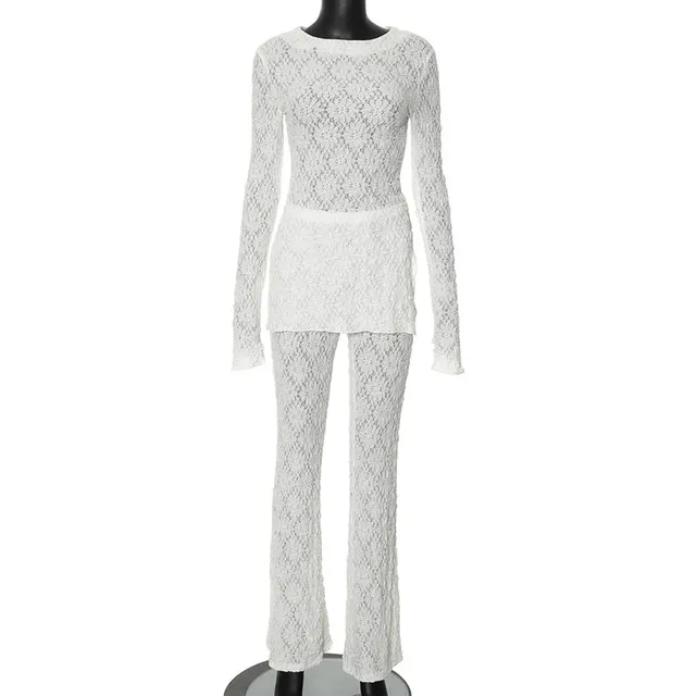 Solid Color Round Neck Long Sleeve Top High Waist Pants Suit White - Shop at LoveMi