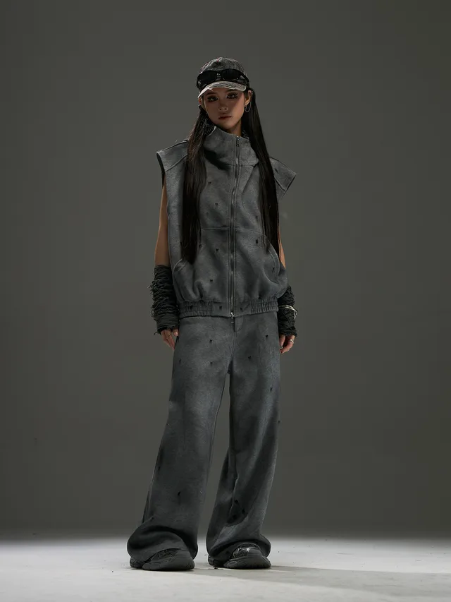 Washed Tie dyed Profile Hooded Vest Casual Suit Dirty Grey Blouse - Shop at LoveMi