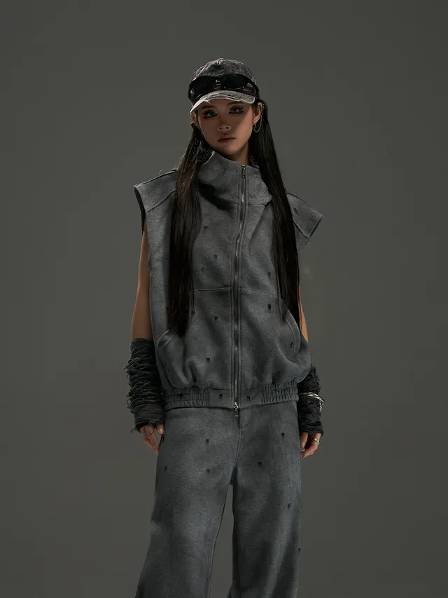 Washed Tie dyed Profile Hooded Vest Casual Suit Dirty Grey Suit - Shop at LoveMi