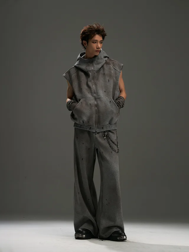 Washed Tie dyed Profile Hooded Vest Casual Suit Dirty Rust Suit - Shop at LoveMi