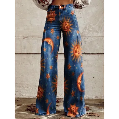 Wide legged Pants Thermal Transfer Bell bottom Pants Simulation Denim Trousers Yn2542Mc 2Xl - Shop at LoveMi