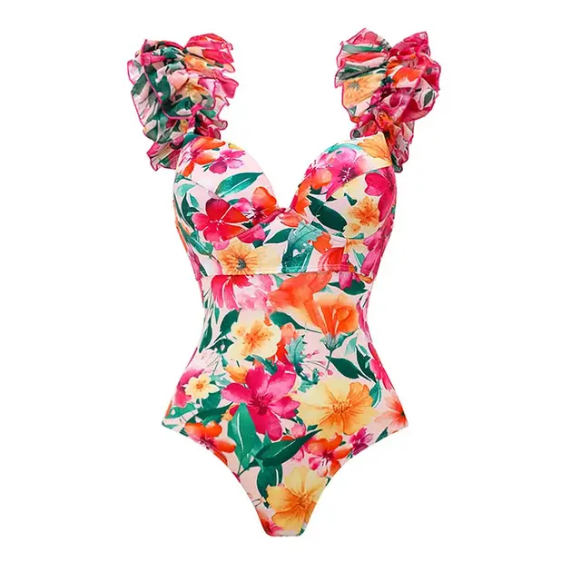 Flounced Backless Floral Beach Vacation Swimsuit Suit Ruffled Swimsuit - Shop at LoveMi