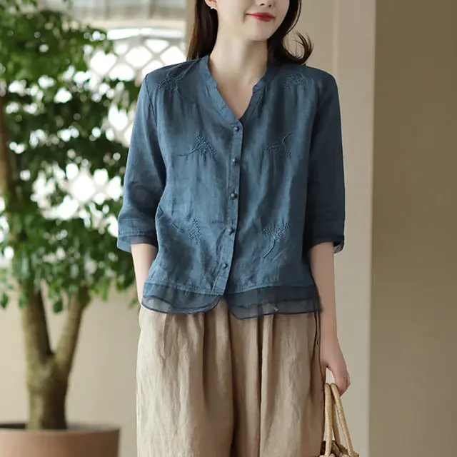 Retro Easy Matching Shirt Artistic Yarn Embroidery Printed Shirt Dark Blue - Shop at LoveMi