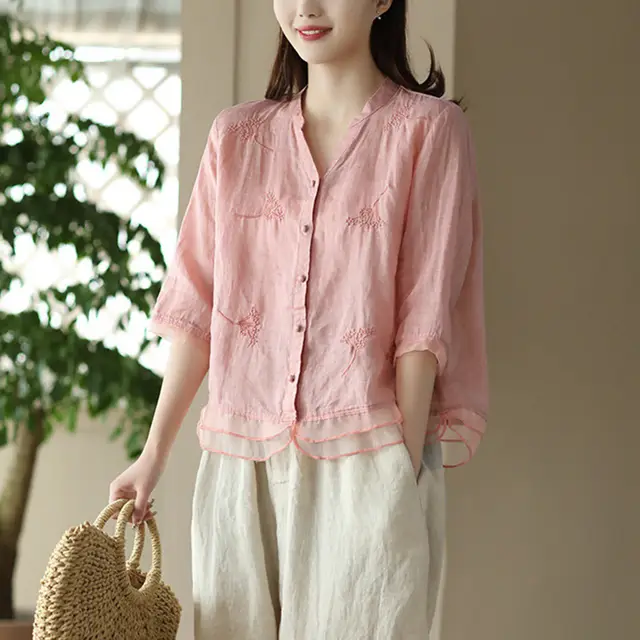 Retro Easy Matching Shirt Artistic Yarn Embroidery Printed Shirt Pink - Shop at LoveMi