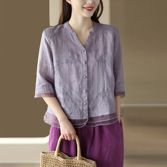 Retro Easy Matching Shirt Artistic Yarn Embroidery Printed Shirt Purple - Shop at LoveMi