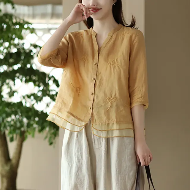 Retro Easy Matching Shirt Artistic Yarn Embroidery Printed Shirt Yellow - Shop at LoveMi