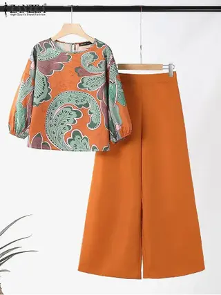 Summer Floral Print Top Wide Leg Pants Sportswear Fashion Loose Match Suit - Orange