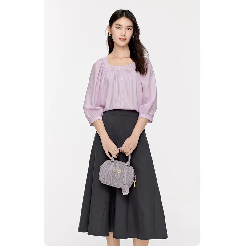 Loose All match Square Collar Retro Pleating Shirt For Women Pink - Shop at LoveMi
