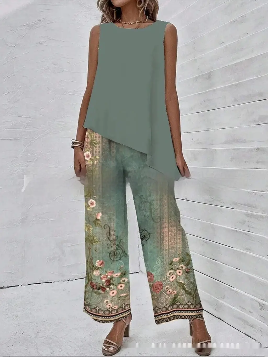 Women's Clothing Spring And Summer Hot-selling Sleeveless Round Neck Beveled Top Printed Pants - No 1 Color