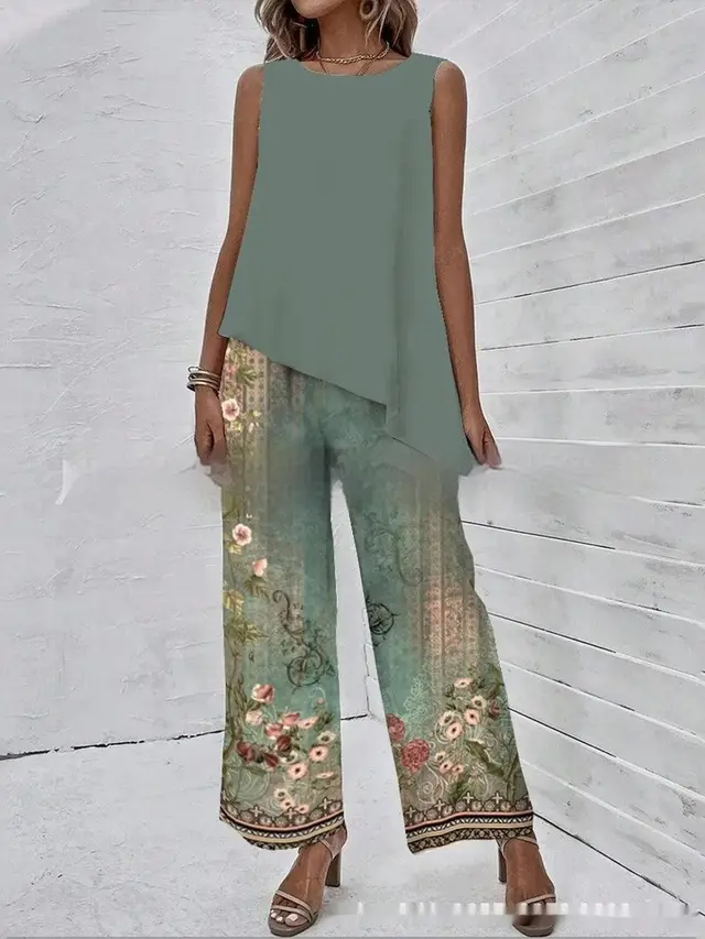 Women's Clothing Spring And Summer Hot selling Sleeveless Round Neck Beveled Top Printed Pants No 1 Color - Shop at LoveMi