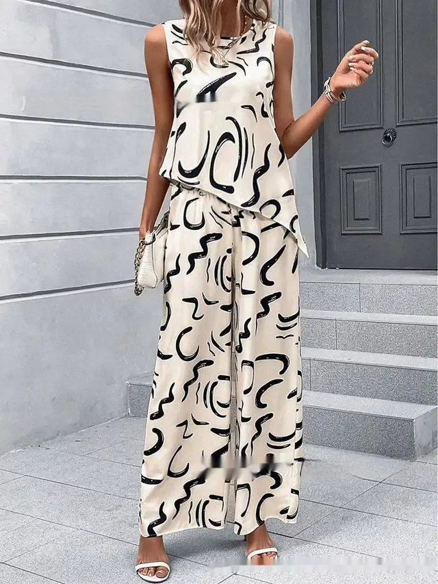 Women's Clothing Spring And Summer Hot selling Sleeveless Round Neck Beveled Top Printed Pants No 2 Color - Shop at LoveMi