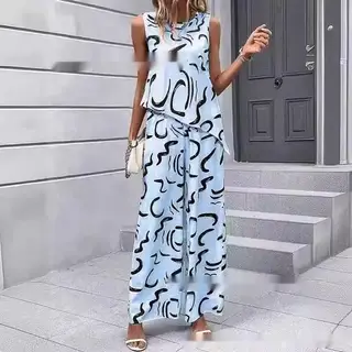 Women's Clothing Spring And Summer Hot-selling Sleeveless Round Neck Beveled Top Printed Pants - No 5 Color