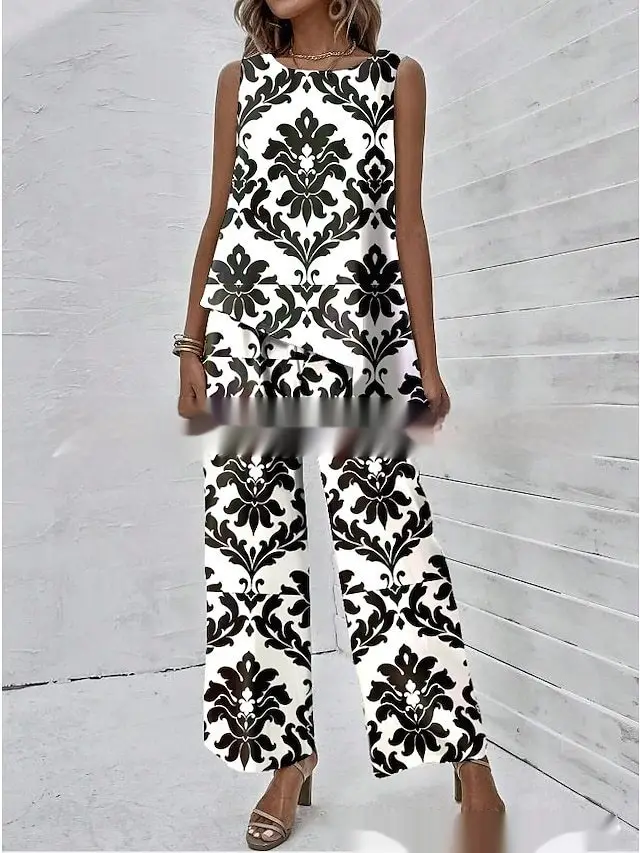 Women's Clothing Spring And Summer Hot selling Sleeveless Round Neck Beveled Top Printed Pants No9 Color - Shop at LoveMi