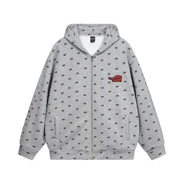 Full Printed Bow Zipper Sweater Design Sense High Street Trendy Men And Women Gray - Shop at LoveMi