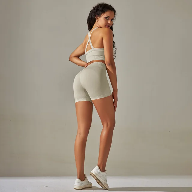 Seamless Solid Color Cross Beauty Back Exercise Bra Yoga Clothes Suit Light Gray Suit - Shop at LoveMi