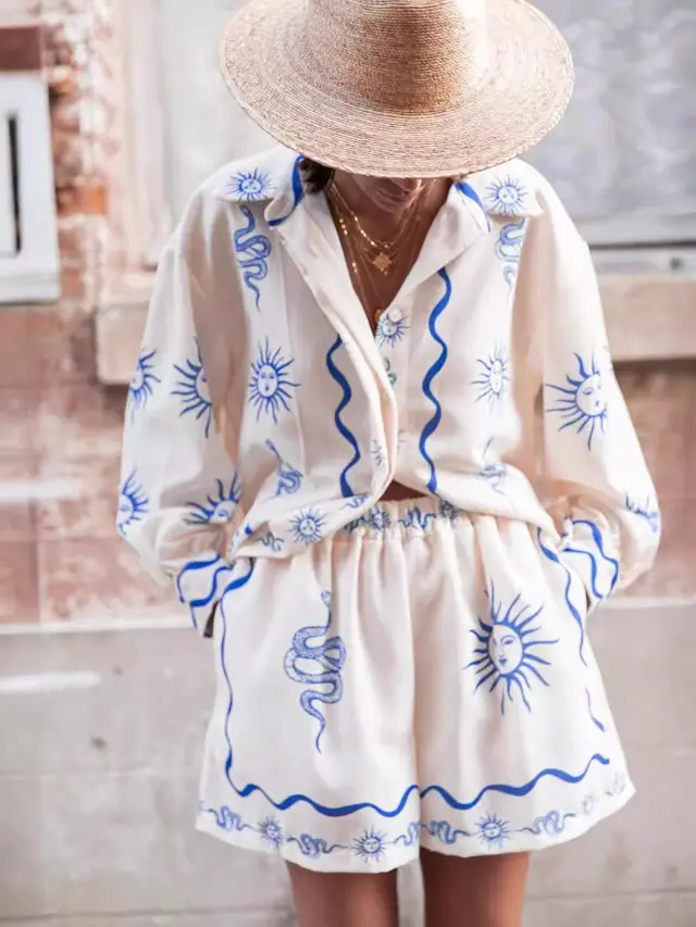 Printed Linen Leisure All matching Shirt Cardigan Shorts White - Shop at LoveMi