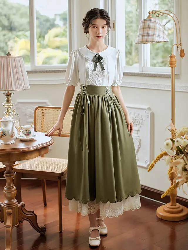 Retro College Peter Pan Collar Short Sleeve Embroidery Bud Suit Army Green Suit With Bow Tie - Shop at LoveMi