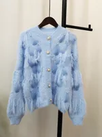 Artificial Mink Fur Gentle Design Feather Beaded Tassel Knitted Cardigan Sweater Coat - Blue