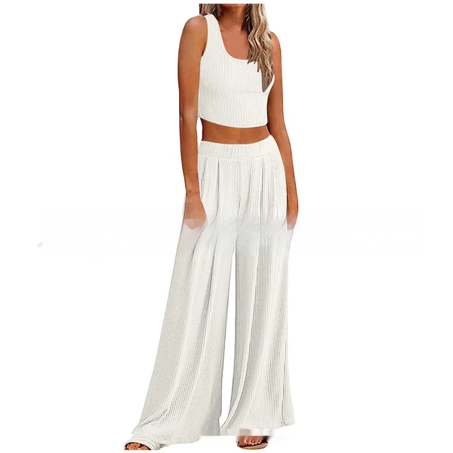 Pajamas Rib Midriff baring Top Loose Casual Wide leg Pants With Pocket Back White - Shop at LoveMi