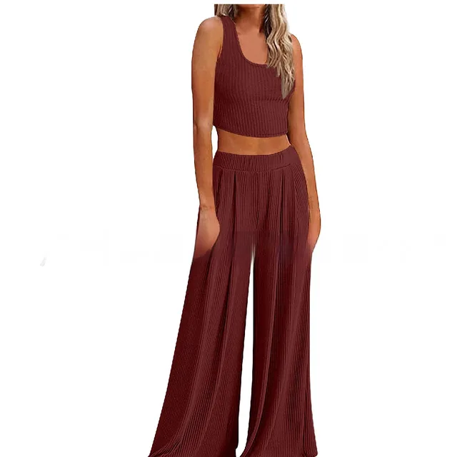 Pajamas Rib Midriff baring Top Loose Casual Wide leg Pants With Pocket Back Wine Red - Shop at LoveMi