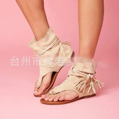 Plus Size Sandal Female Retro Flat Bottom Tassel Clip Toe White - Shop at LoveMi
